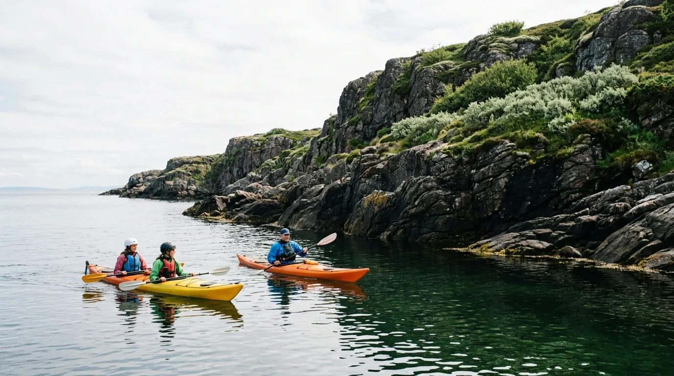 Two beginner kayakers paddling beside a rugged rocky coastline with a guide nearby on calm sea water.