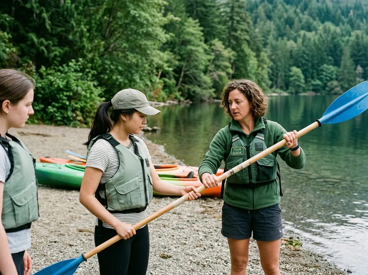 A guide showing beginner paddlers how to hold and use their kayak paddles by the shore