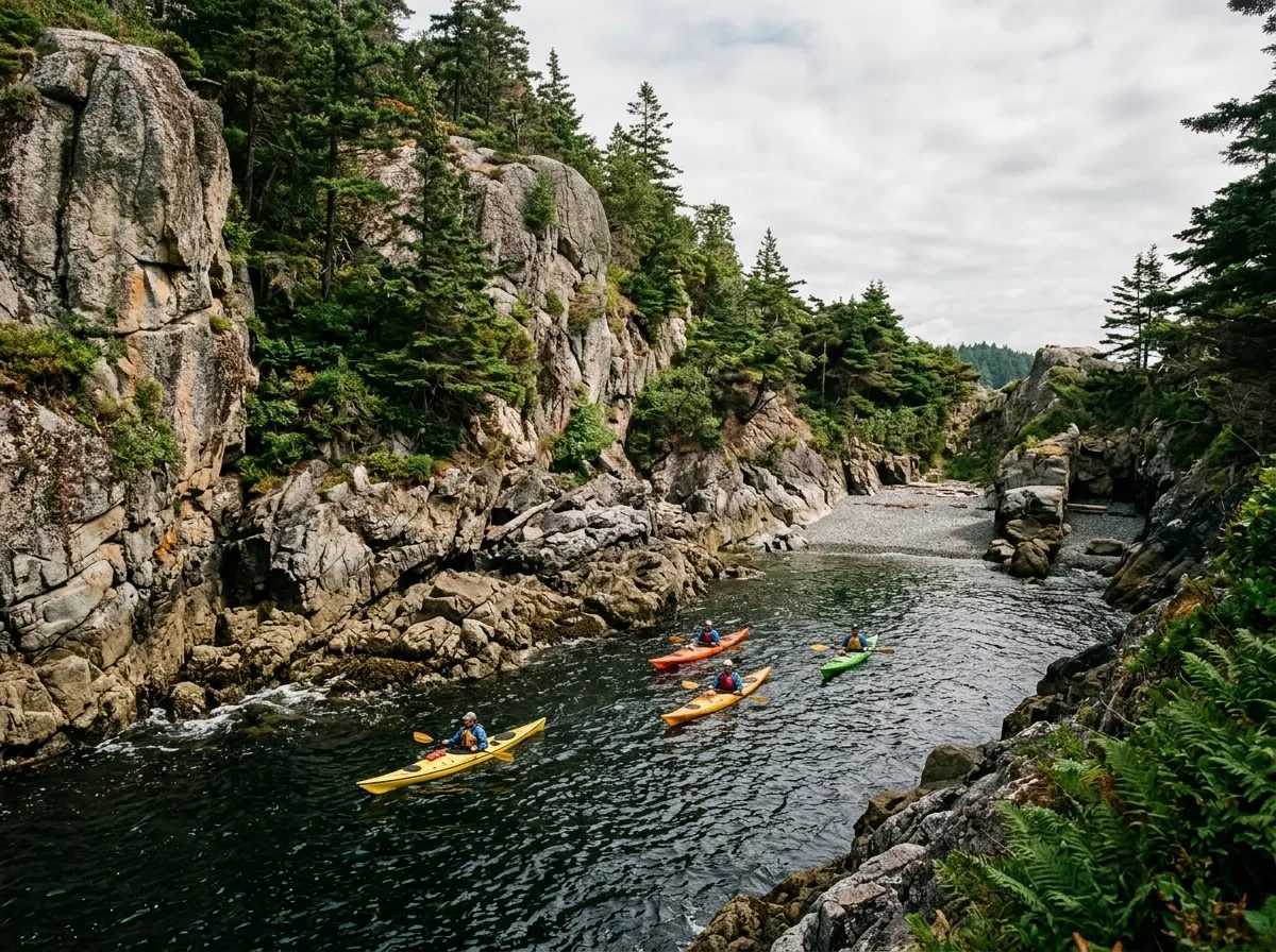 Sea kayaks moving past rocky cliffs and small coves on a rugged coastline