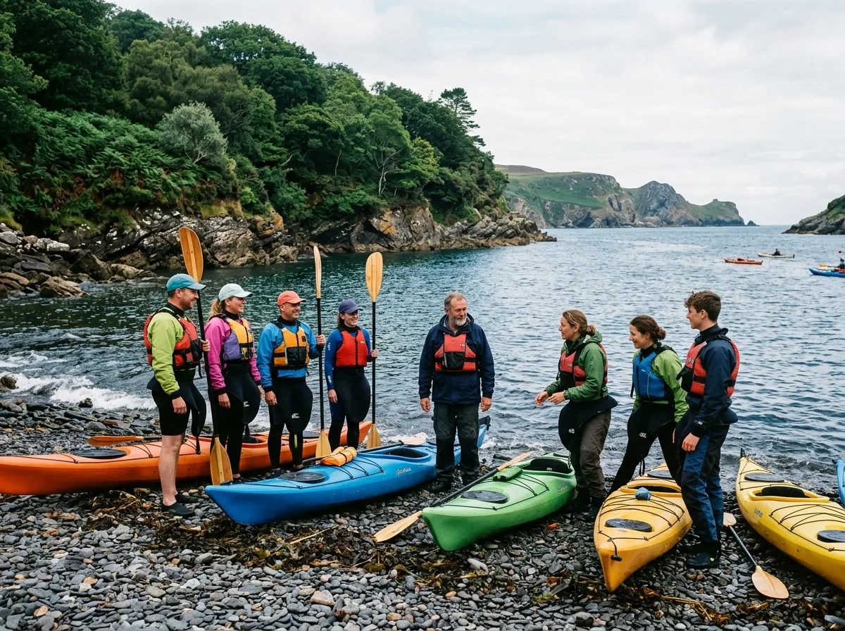 A small group of beginner kayakers with their family-run guide team beside the sea