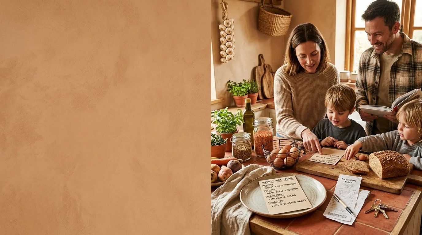 A busy family reviews a simple weekly meal plan beside grocery receipts and familiar ingredients on a kitchen counter.