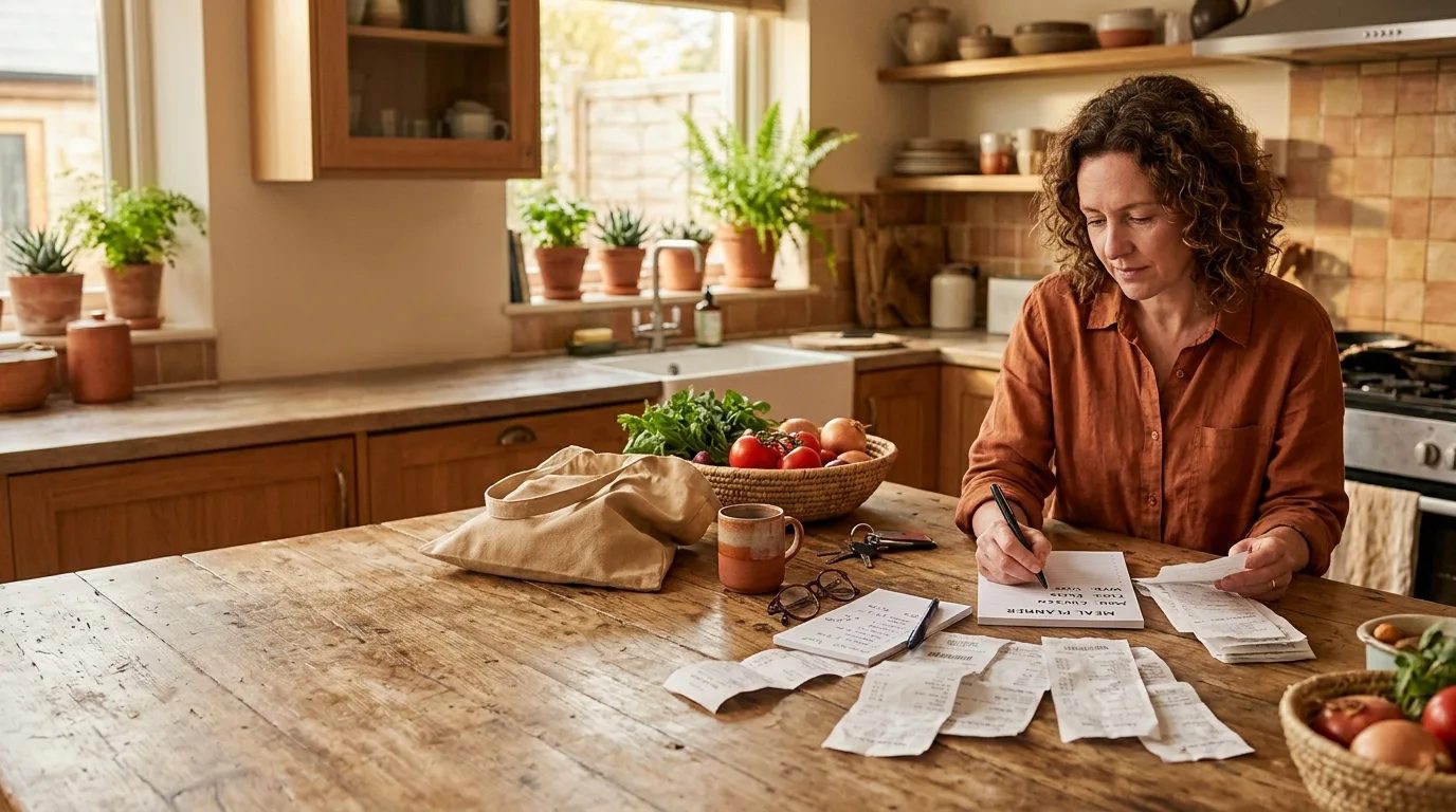 A busy family kitchen with grocery receipts, a handwritten list, and a parent trying to plan dinners for the week.