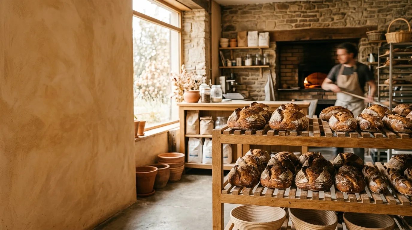 Freshly baked sourdough loaves cooling on racks inside a neighbourhood bakery at opening time