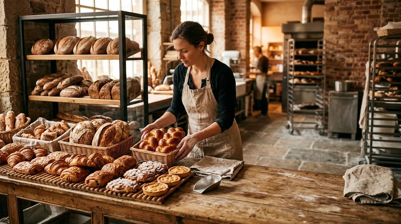 Freshly baked bread and pastries being set out in the bakery early in the morning