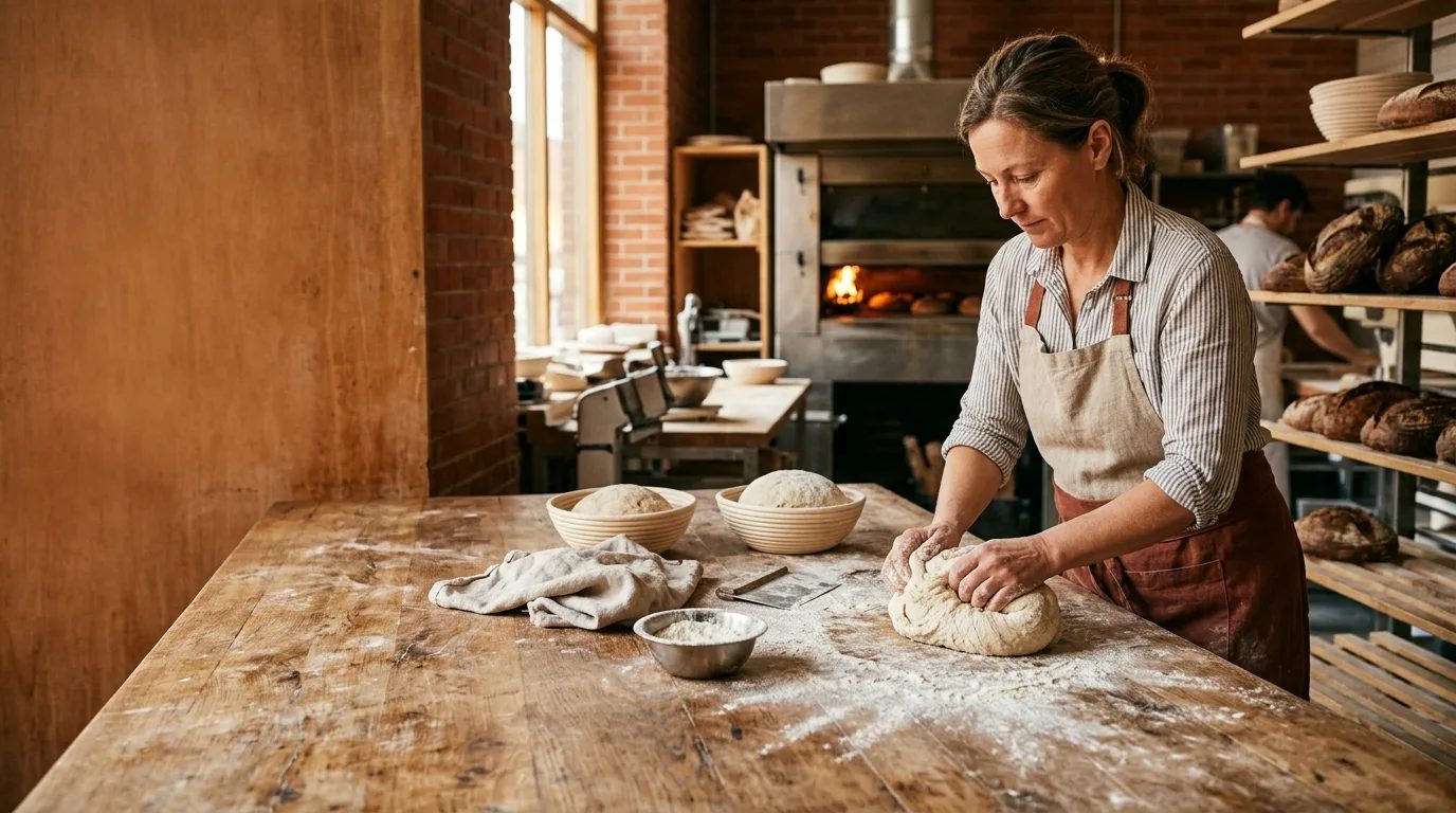 Baker shaping sourdough dough by hand at a workbench inside the bakery