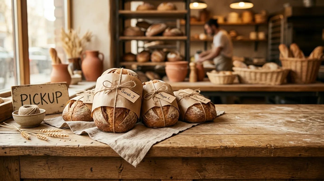 Wrapped sourdough loaves set aside for customer pickup at the bakery counter