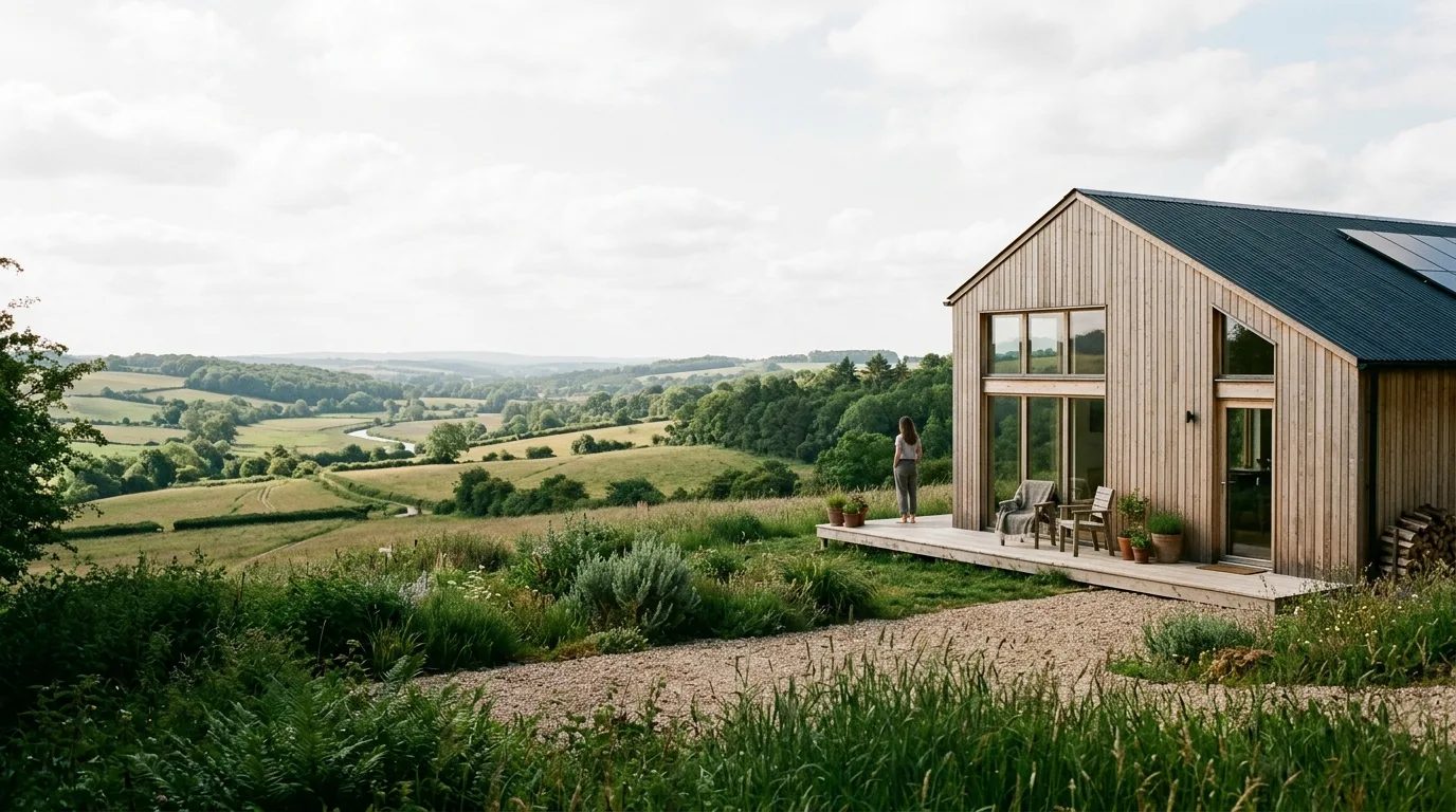 A low-energy timber home set in the countryside, with natural materials, simple forms, and views across the landscape.