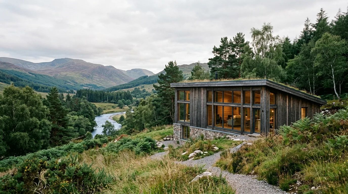 A timber house set into the countryside with large windows oriented to light and views