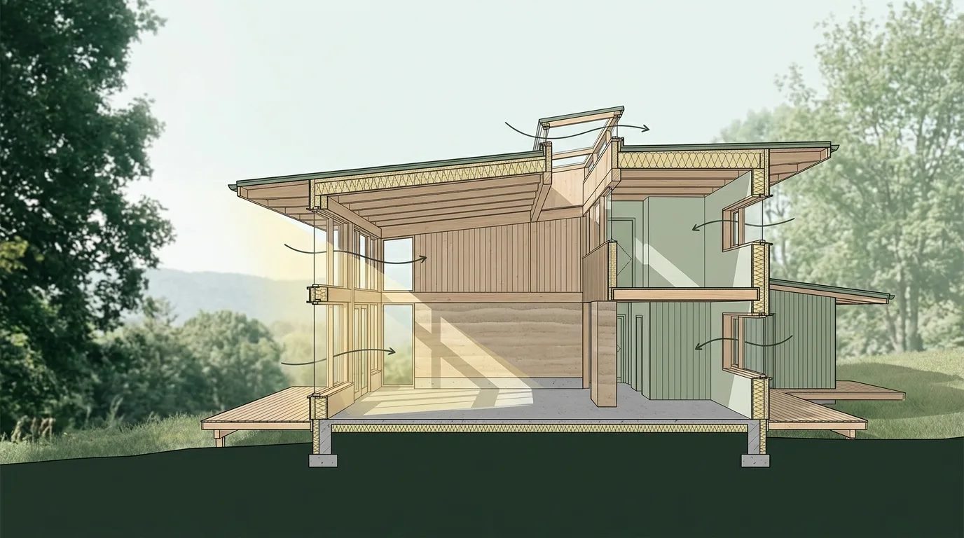 Section drawing of a timber home showing insulation, daylight and passive solar design