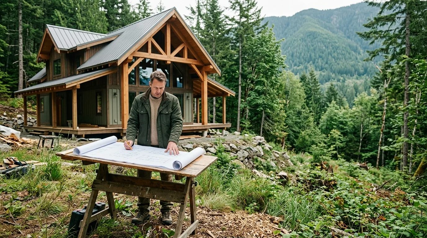 Architect reviewing drawings on site beside a nearly completed timber home